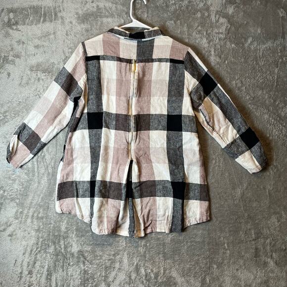Soft Surroundings Sz Large Plaid Zip Back Linen Blend Button Up Shirt Women's - Picture 4 of 7